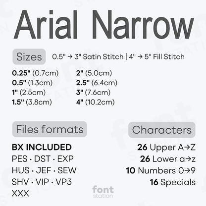 Image showing the different files formats, sizes, stitch type and available characters of the Arial Narrow Embroidery Font by FontStation