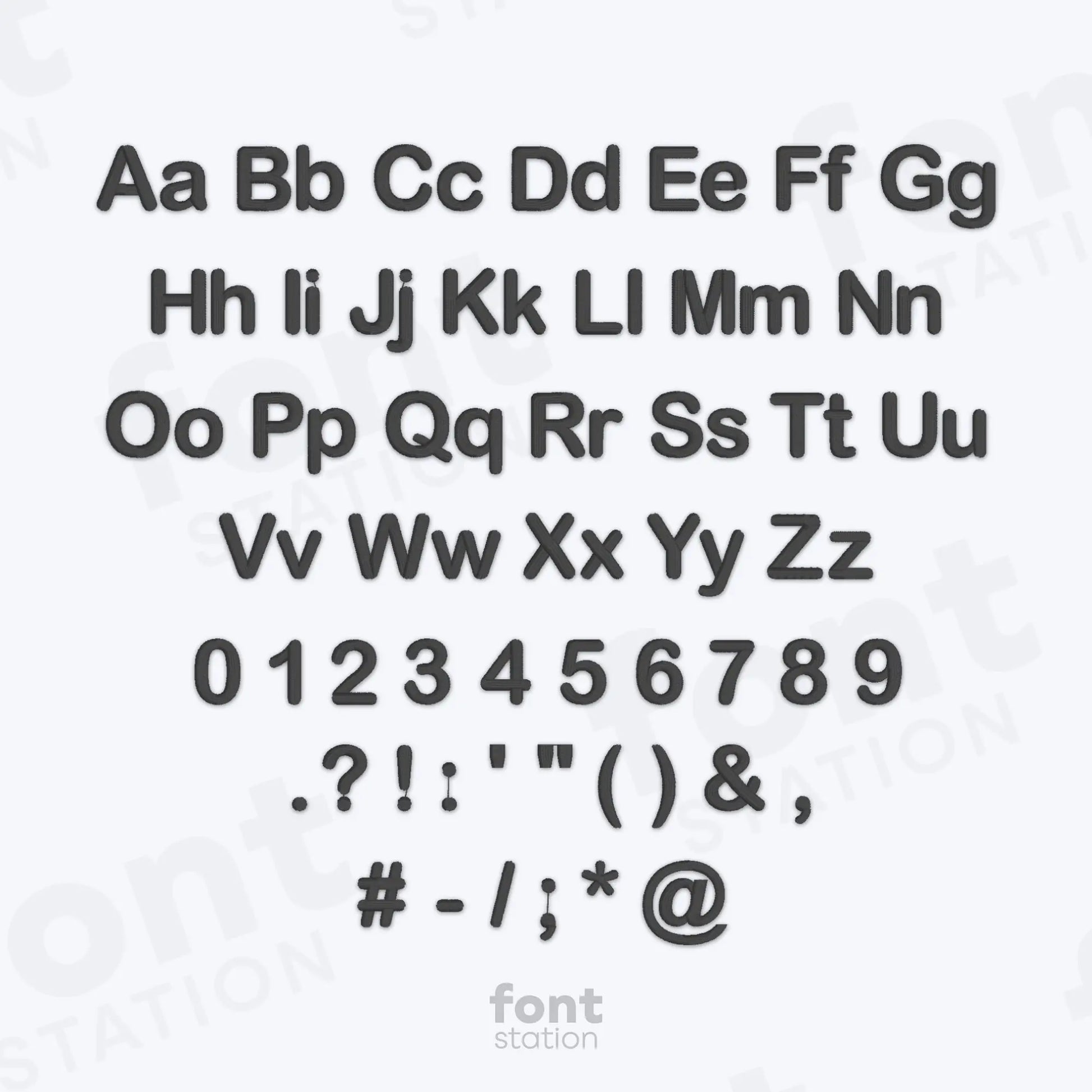 Alphabet, numbers and special characters on a white background using the Arial Rounded embroidery font by FontStation.