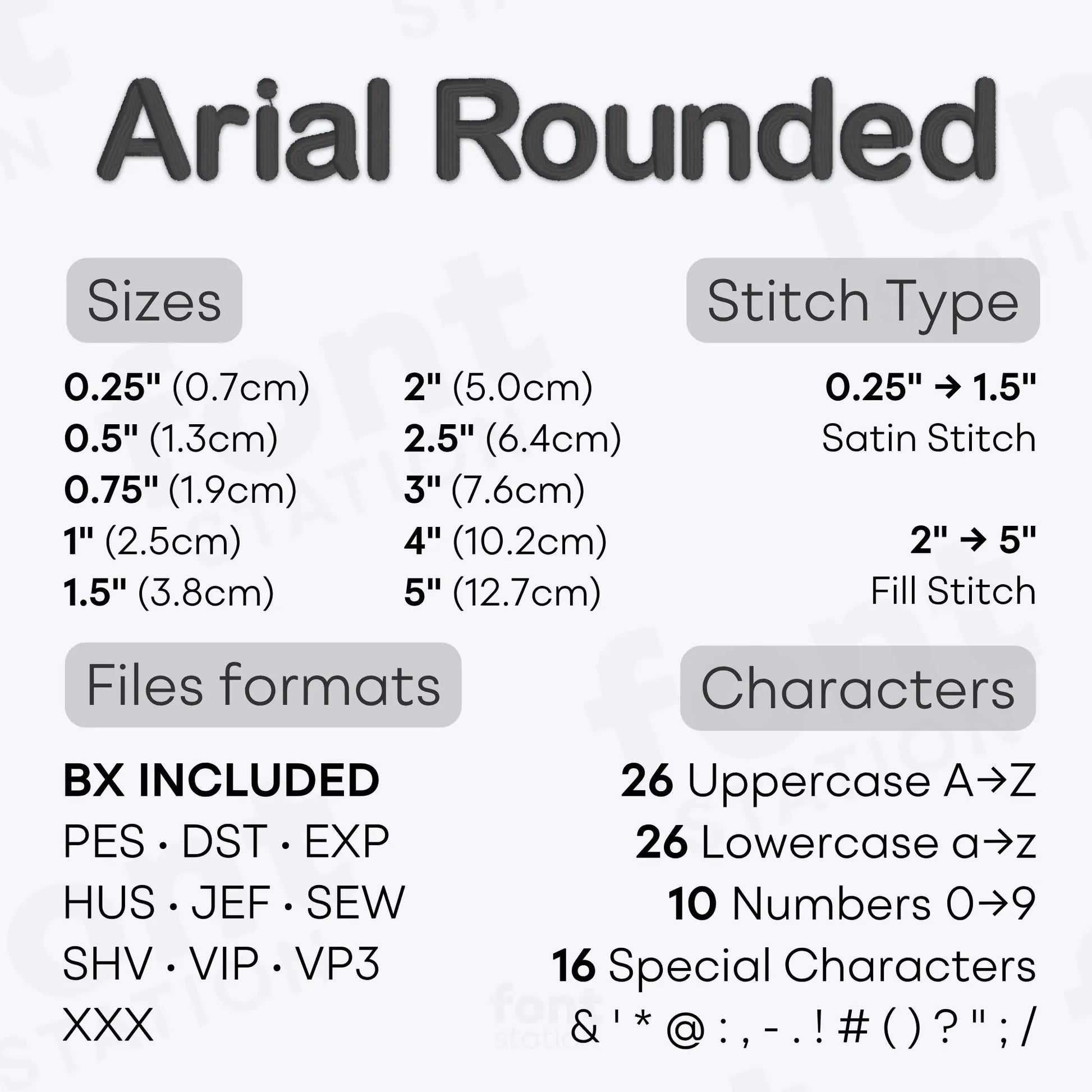 Image showing the different files formats, sizes, stitch type and available characters of the Arial Rounded Embroidery Font by FontStation