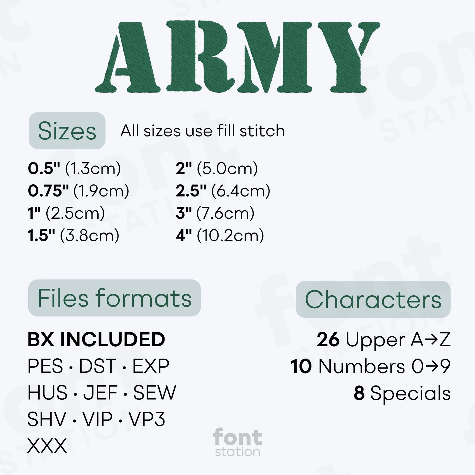 Image showing the different files formats, sizes, stitch type and available characters of the Army Embroidery Font by FontStation