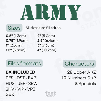 Image showing the different files formats, sizes, stitch type and available characters of the Army Embroidery Font by FontStation