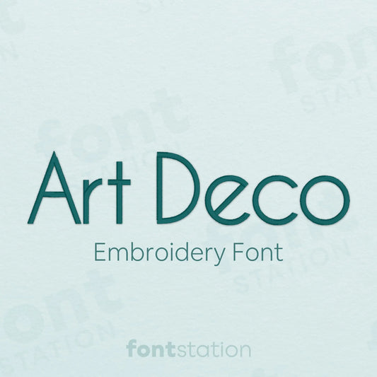 Main image of the Art Deco embroidery font created by FontStation.