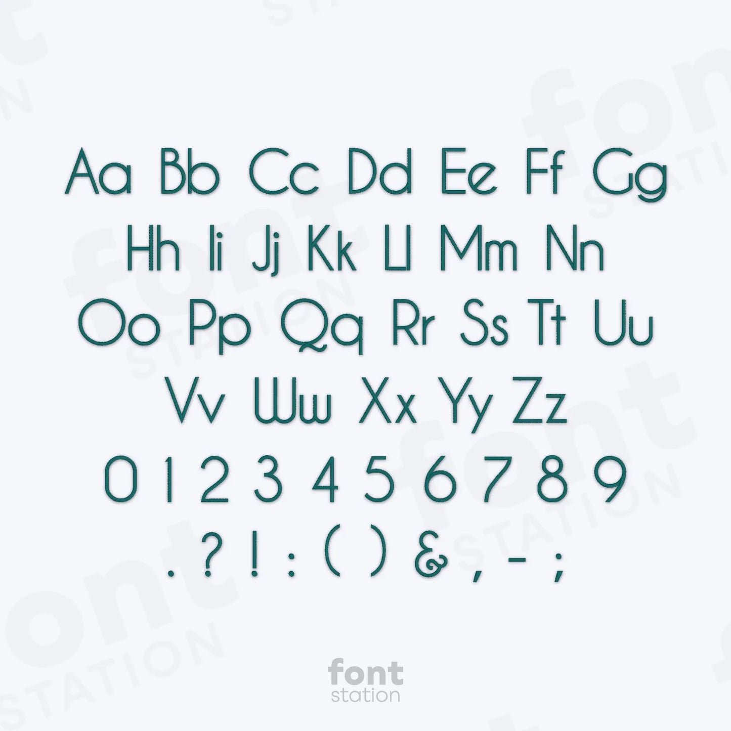 Alphabet, numbers and special characters using the Art Deco embroidery font on a white background