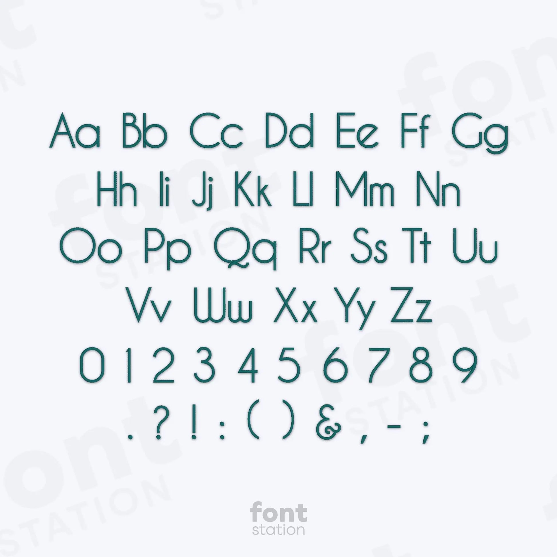 Alphabet, numbers and special characters using the Art Deco embroidery font on a white background