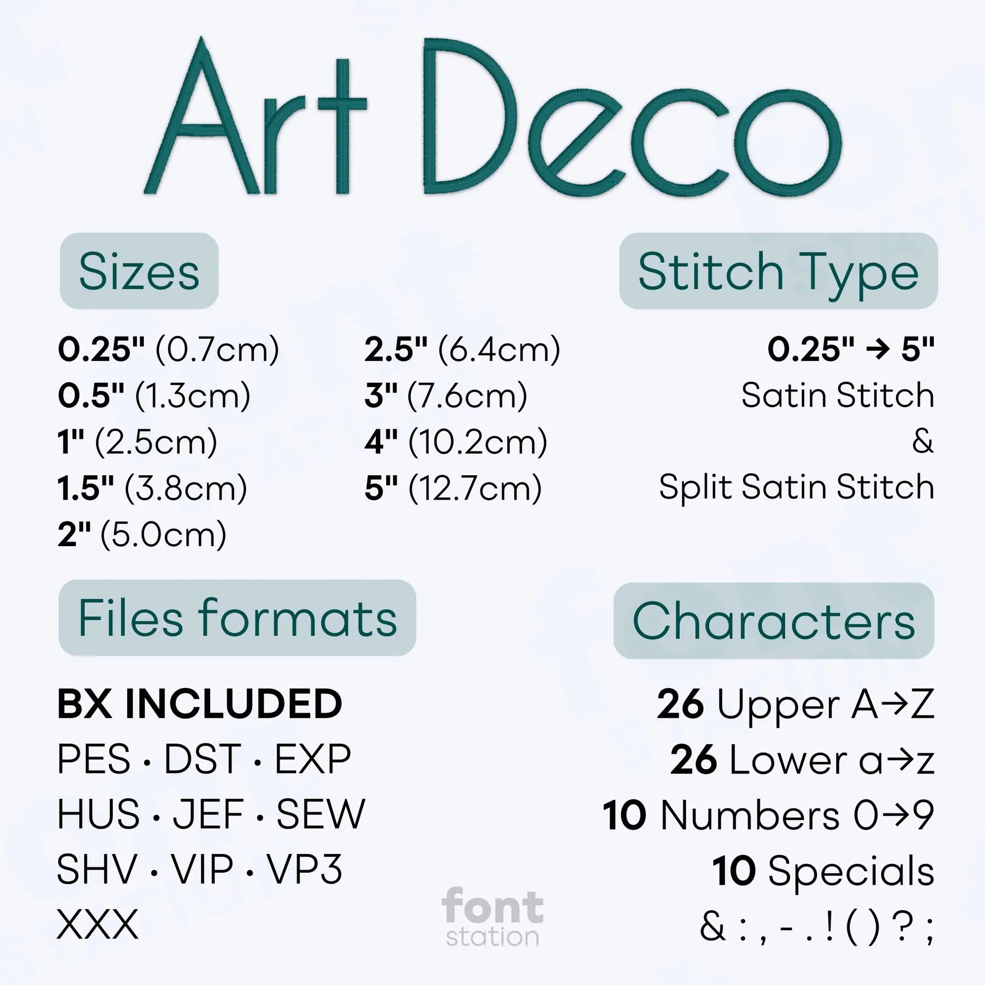 Image showing the different files formats, sizes, stitch type and available characters of the Art Deco Embroidery Font by FontStation