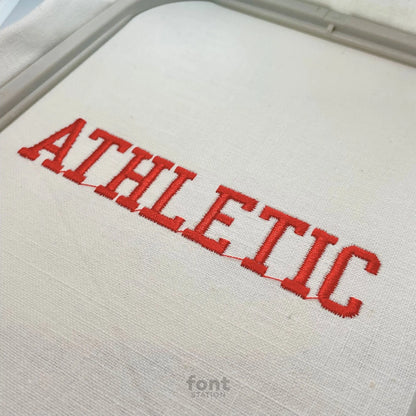 Image showing a word embroidered on textile using the Athletic embroidery font created by FontStation