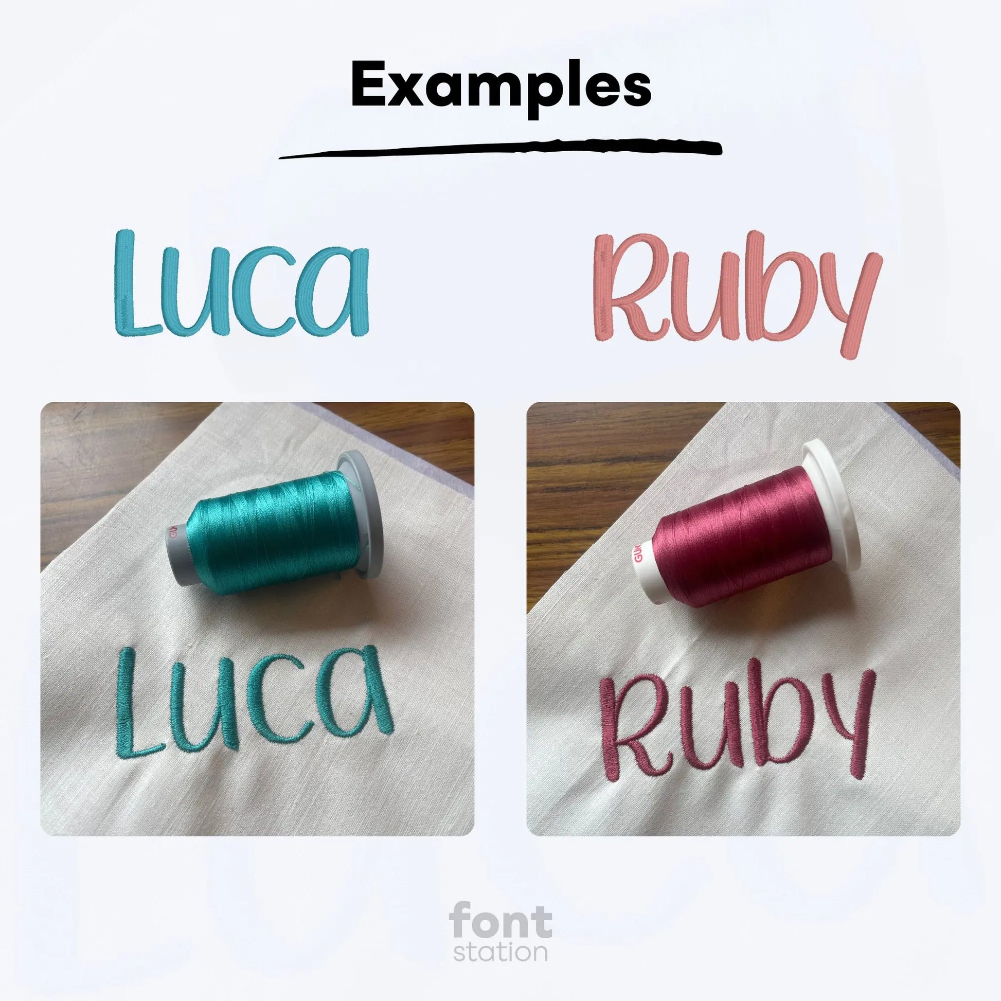 Image showing two words embroidered on textile using the Baby embroidery font created by FontStation