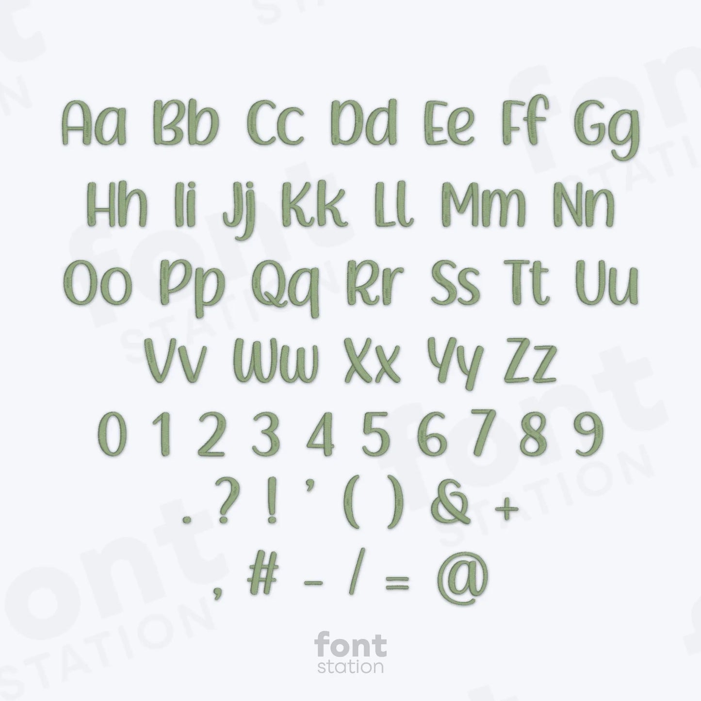 Alphabet, numbers and special characters using the Baby embroidery font on a white background