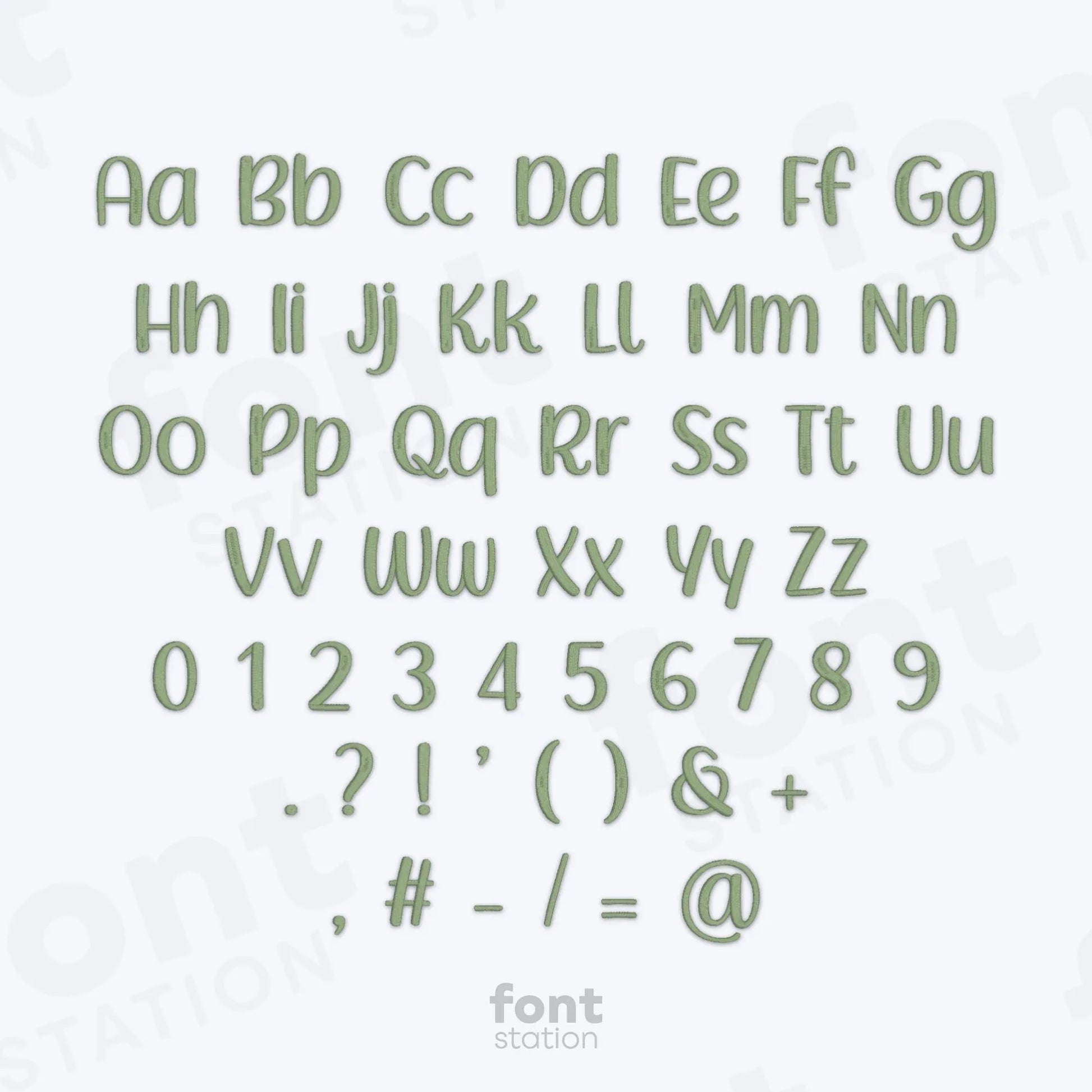 Alphabet, numbers and special characters using the Baby embroidery font on a white background