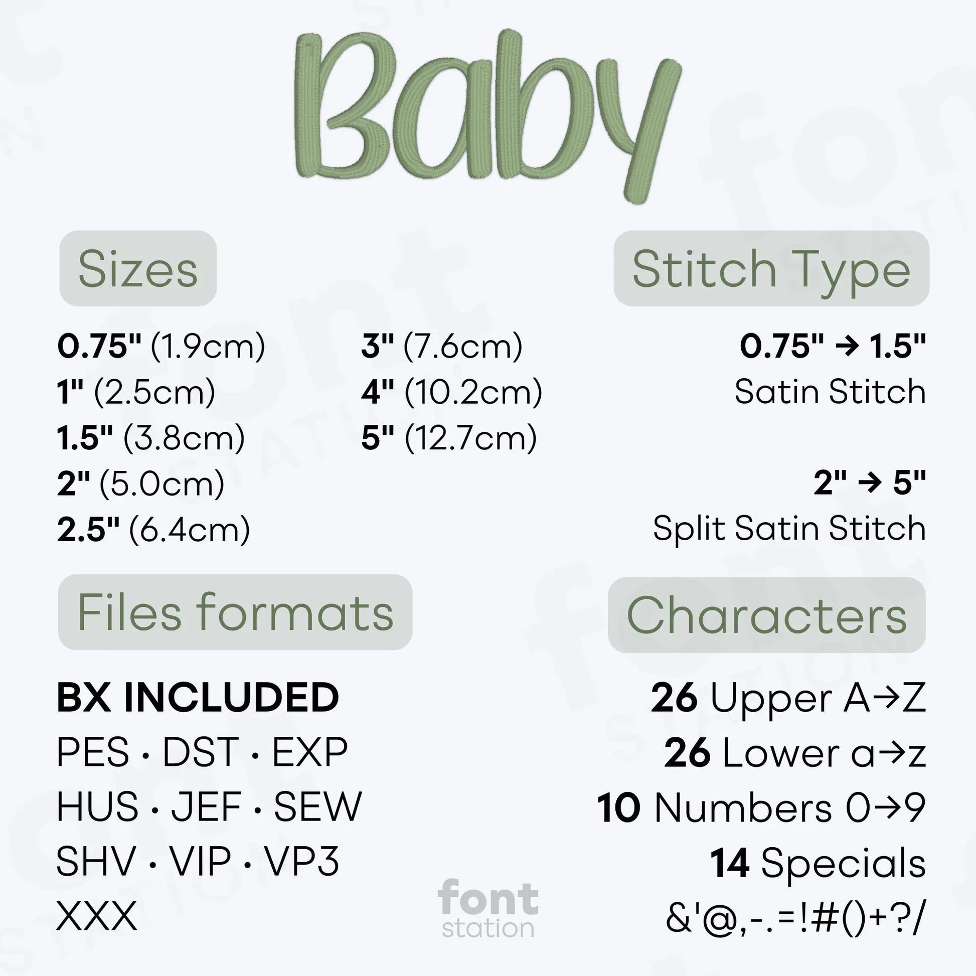 Image showing the different files formats, sizes, stitch type and available characters of the Baby Embroidery Font by FontStation