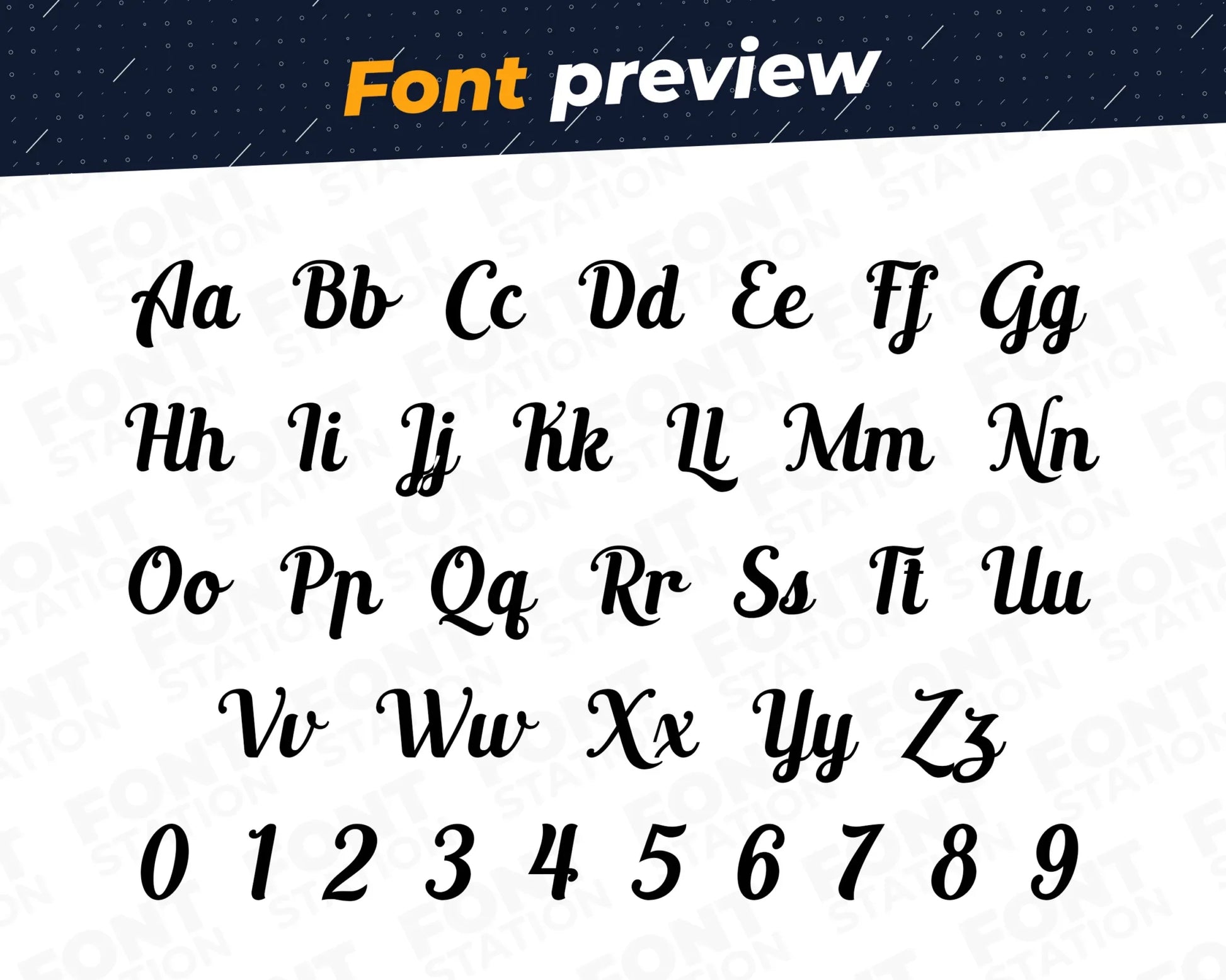 Image showing all characters available in the Bakery font created by FontStation.