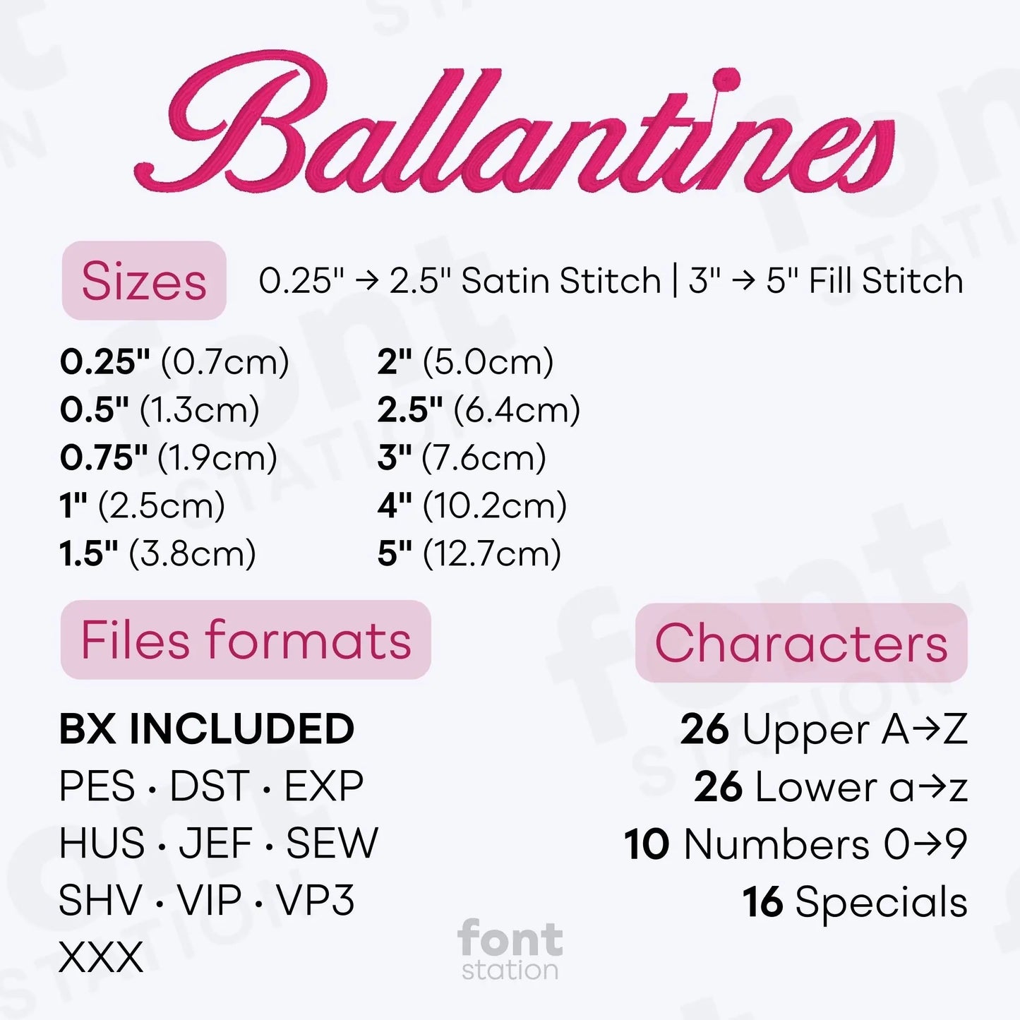 Image showing formats and sizes of the Ballantines embroidery font created by FontStation