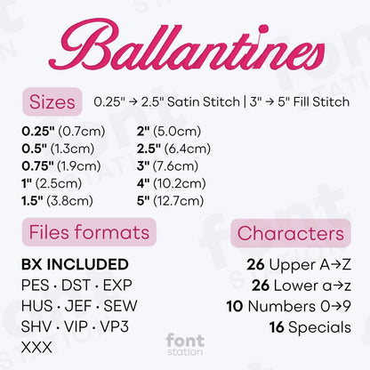 Image showing formats and sizes of the Ballantines embroidery font created by FontStation