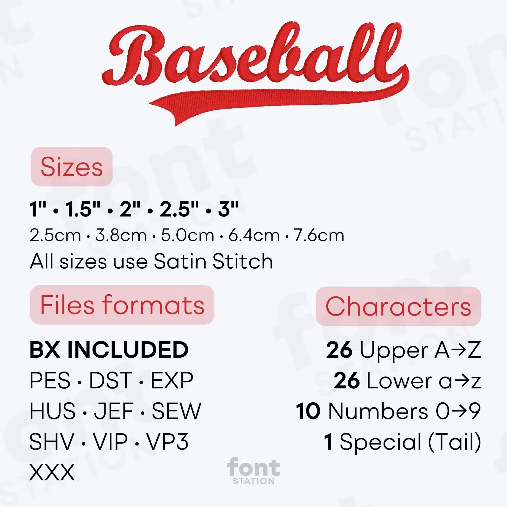 Image showing the different files formats, sizes, stitch type and available characters of the Baseball Embroidery Font by FontStation