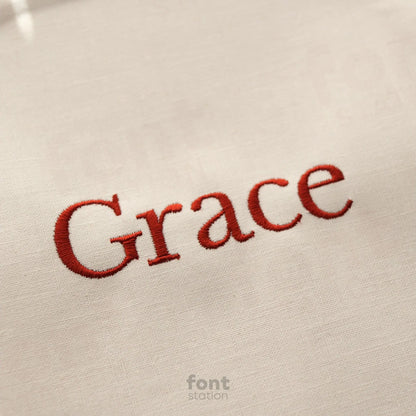 Image showing a word embroidered on textile using the Baskerville embroidery font created by FontStation