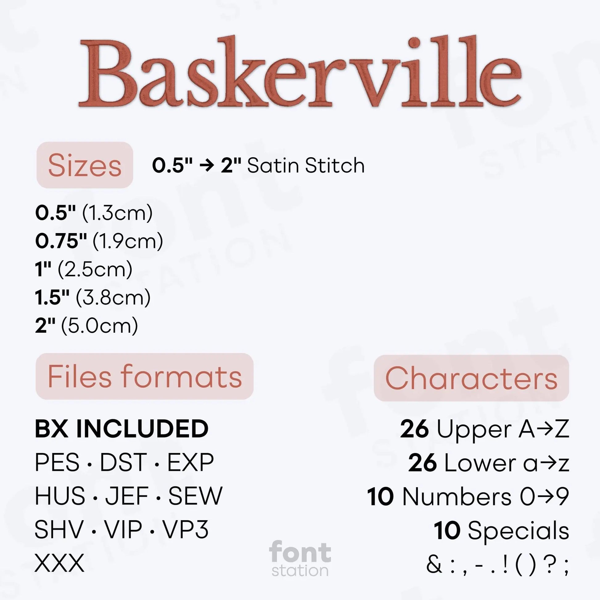 Image showing the different files formats, sizes, stitch type and available characters of the Baskerville Embroidery Font by FontStation