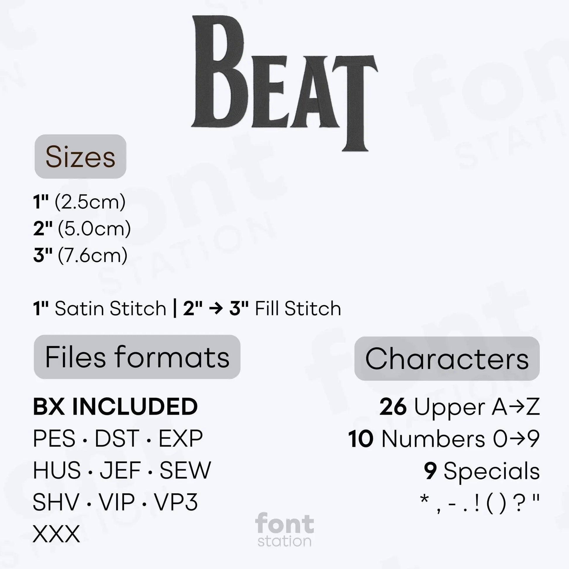 Image showing the different files formats, sizes, stitch type and available characters of the Beatles Embroidery Font by FontStation