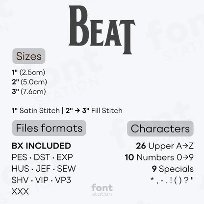 Image showing the different files formats, sizes, stitch type and available characters of the Beatles Embroidery Font by FontStation