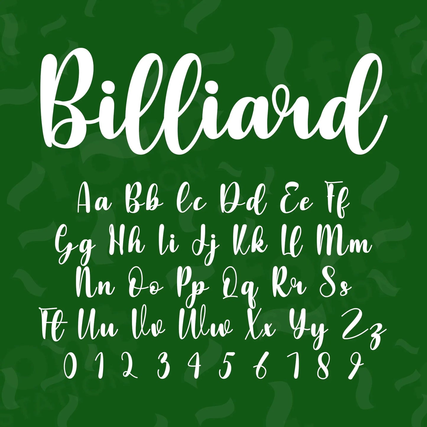 Image showing all characters available in the Billiard font created by FontStation.