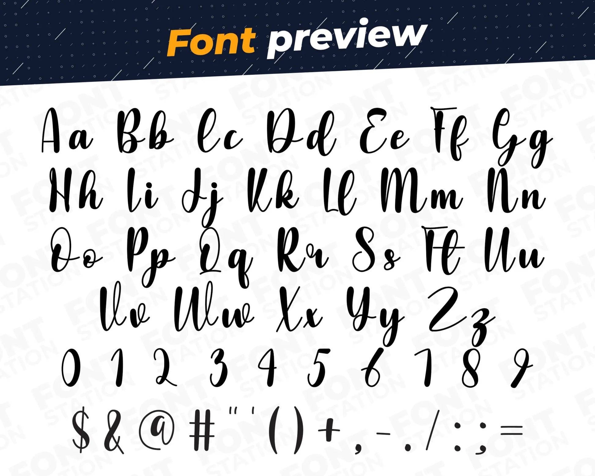 Image showing all characters available in the Billiard font created by FontStation.