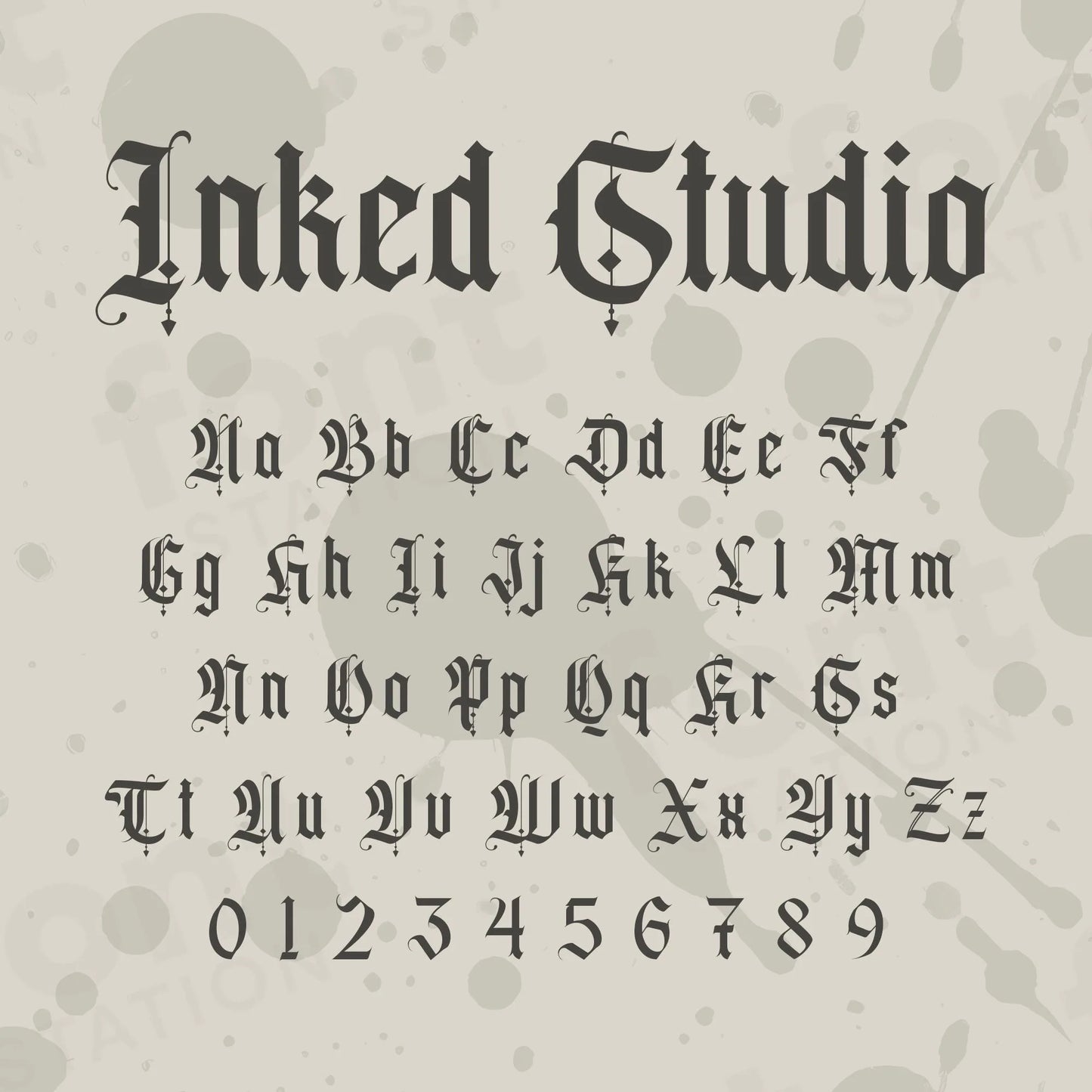 Image showing all characters available in the Black Inked Studio font created by FontStation.