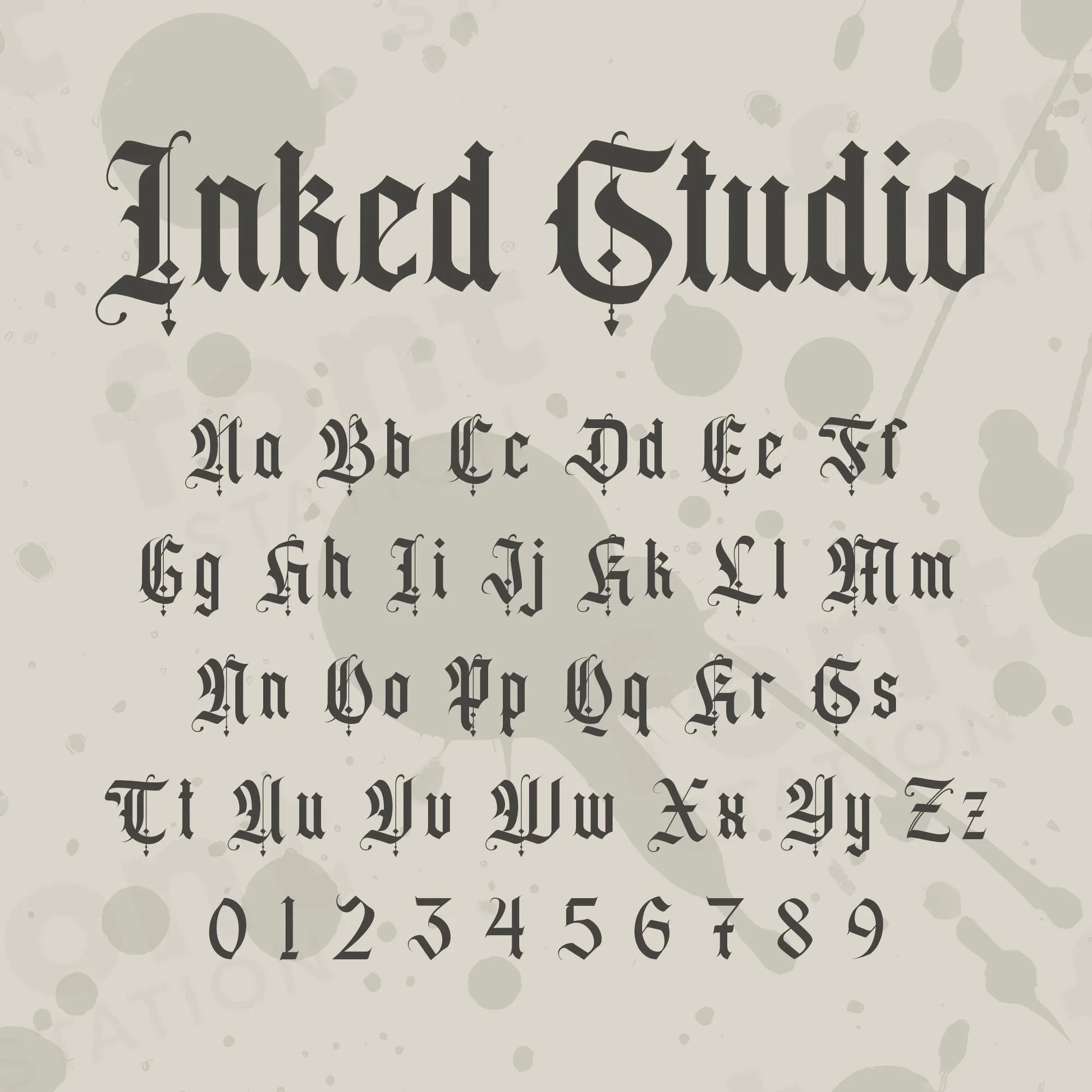 Image showing all characters available in the Black Inked Studio font created by FontStation.