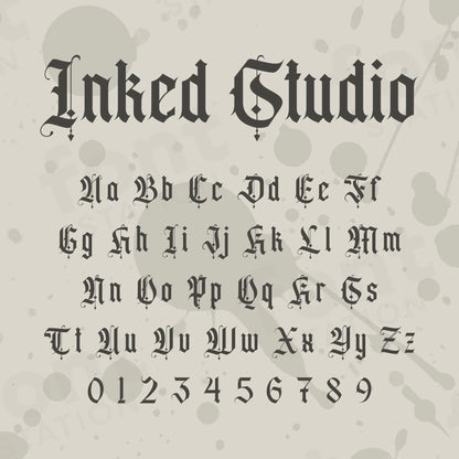 Image showing all characters available in the Black Inked Studio font created by FontStation.