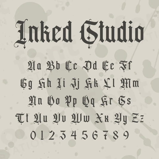 Image showing all characters available in the Black Inked Studio font created by FontStation.