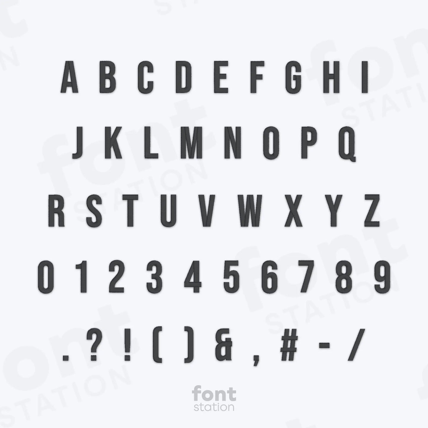 Black alphabet and numbers using the Block embroidery font on a white background