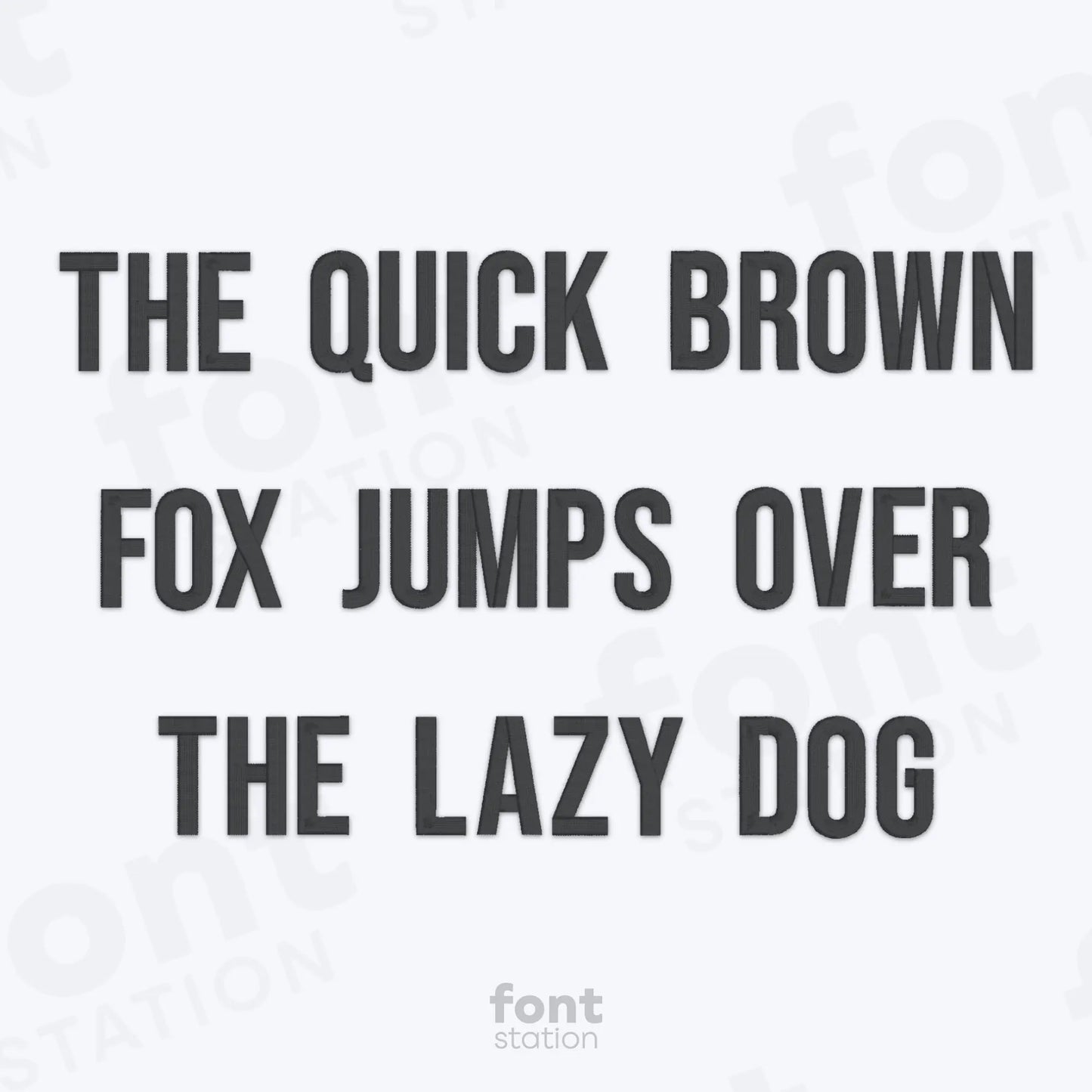 Text 'THE QUICK BROWN FOX JUMPS OVER THE LAZY DOG' using the Block embroidery font on a white background.