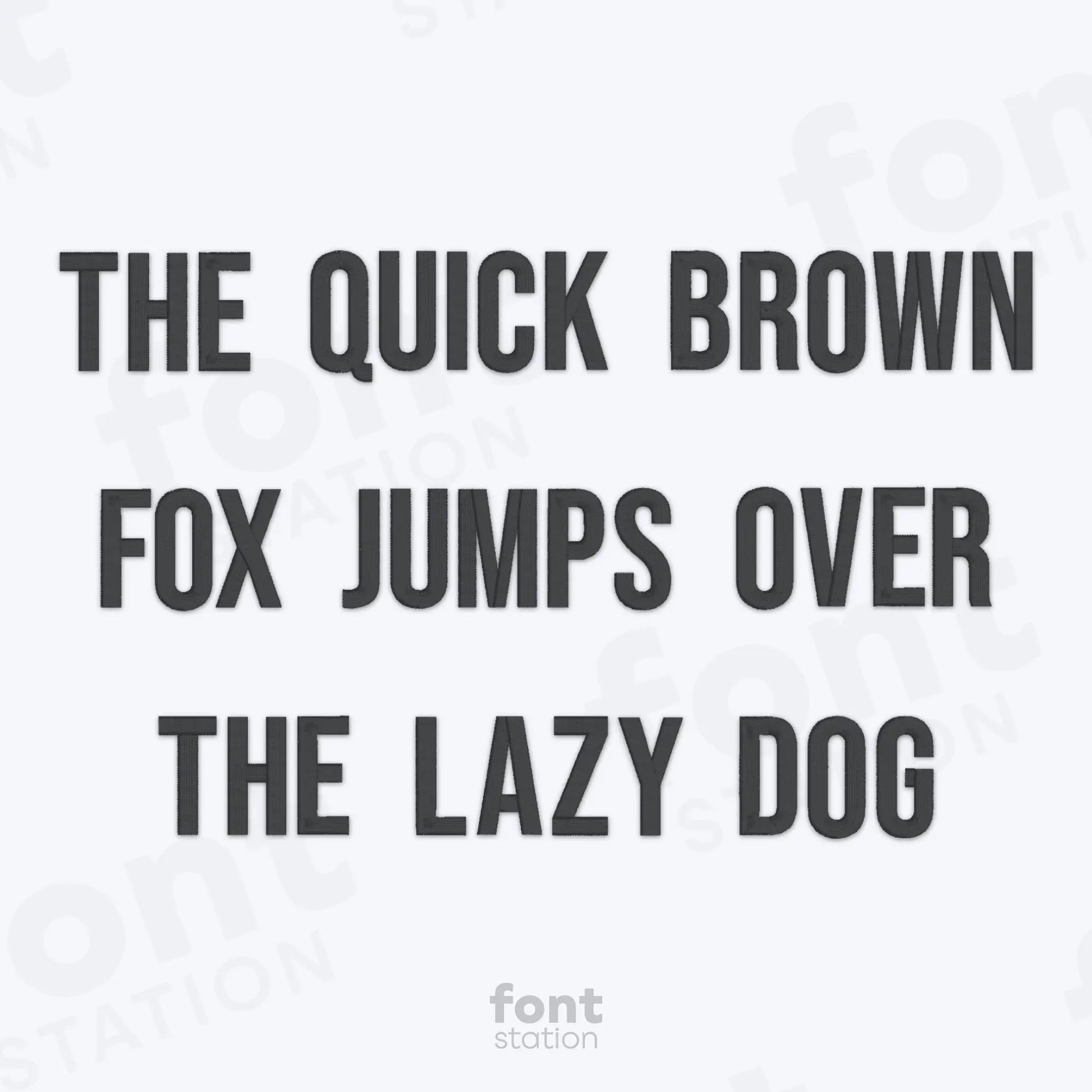Text 'THE QUICK BROWN FOX JUMPS OVER THE LAZY DOG' using the Block embroidery font on a white background.
