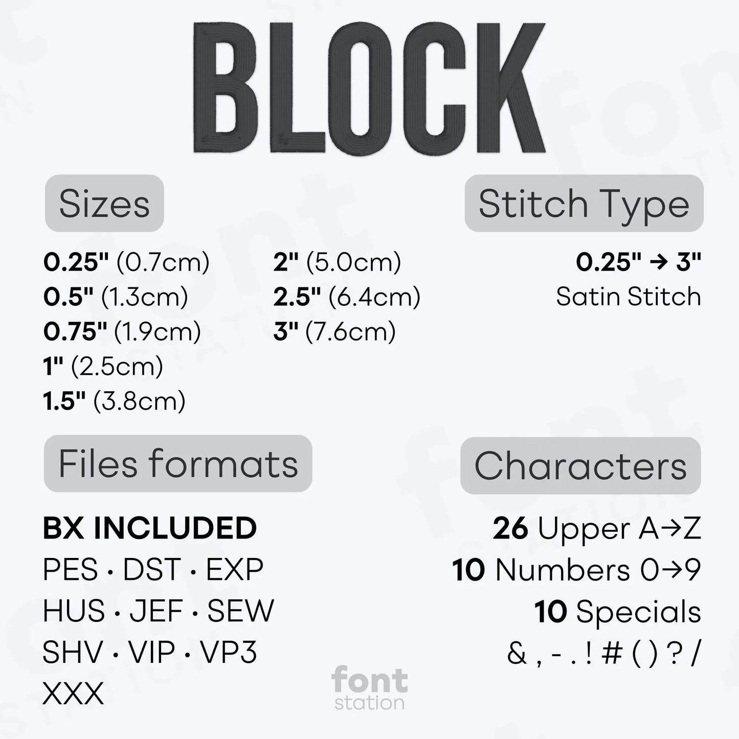 Image showing the different files formats, sizes, stitch type and available characters of the Block Embroidery Font by FontStation