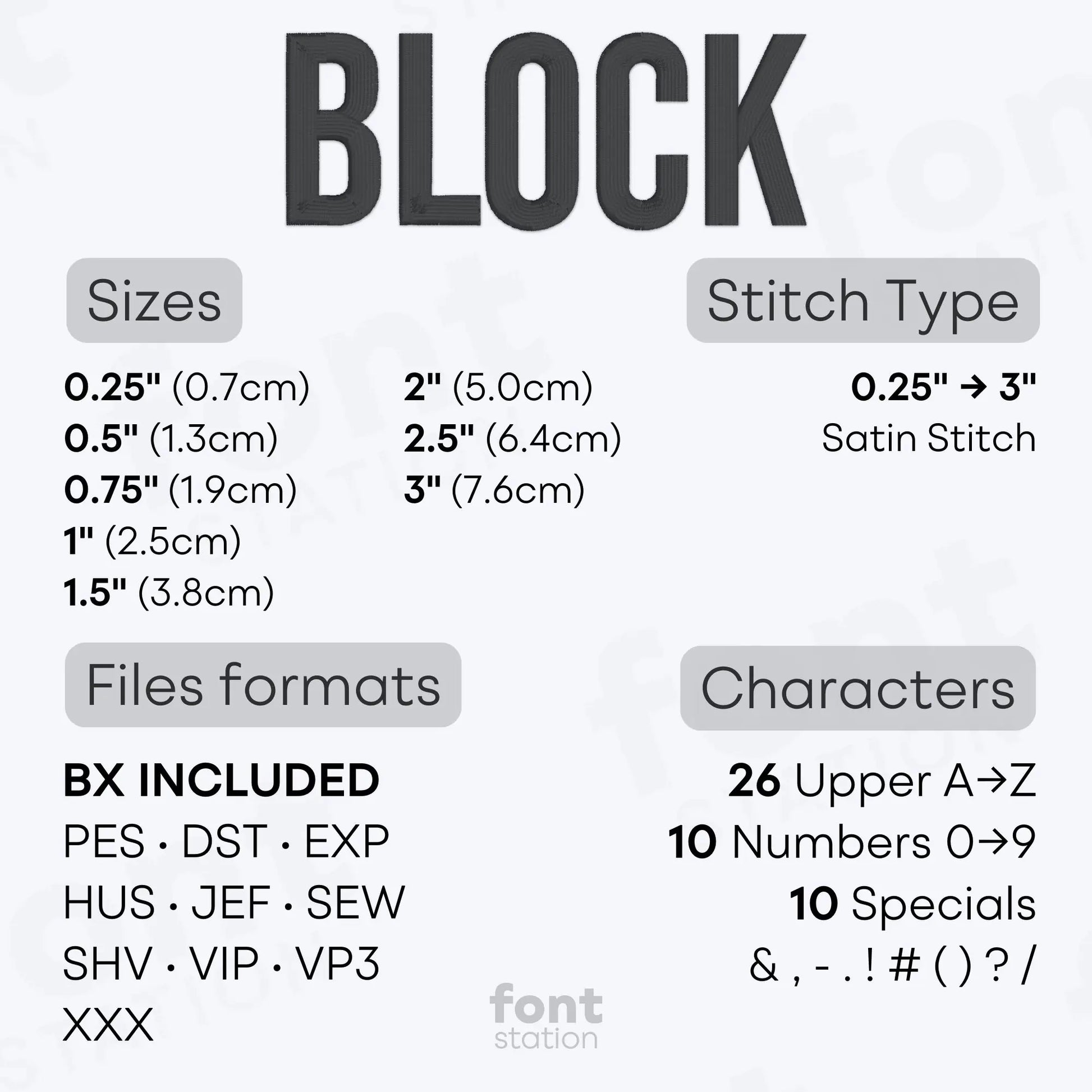 Image showing the different files formats, sizes, stitch type and available characters of the Block Embroidery Font by FontStation