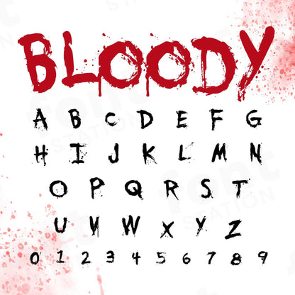 Image showing all characters available in the Bloody font created by FontStation.