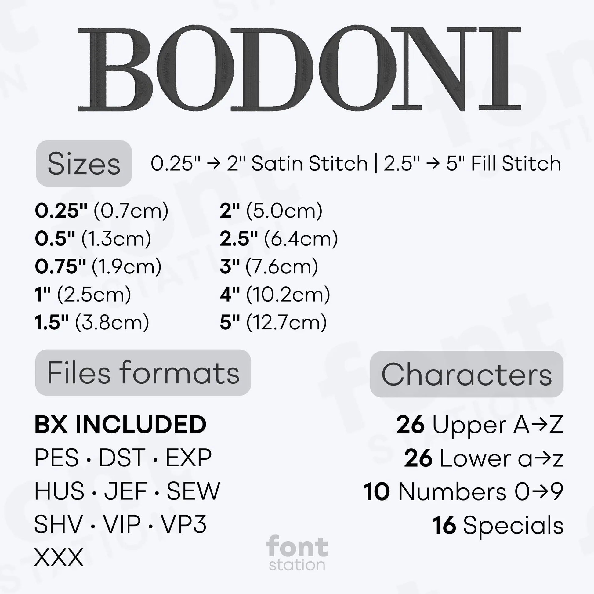 Image showing formats and sizes of the Bodoni embroidery font created by FontStation