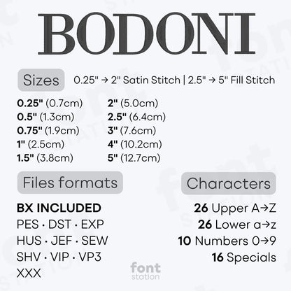 Image showing formats and sizes of the Bodoni embroidery font created by FontStation