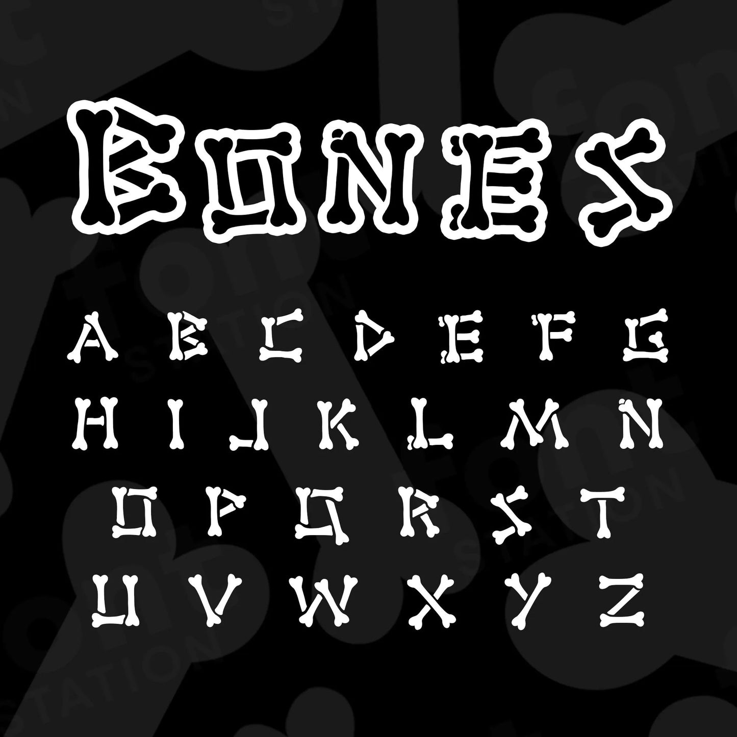 Image showing all characters available in the Bones font created by FontStation.