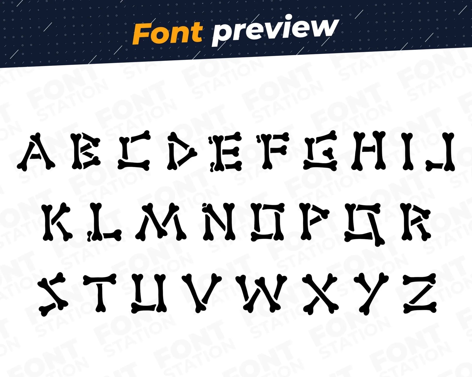 Image showing all characters available in the Bones font created by FontStation.