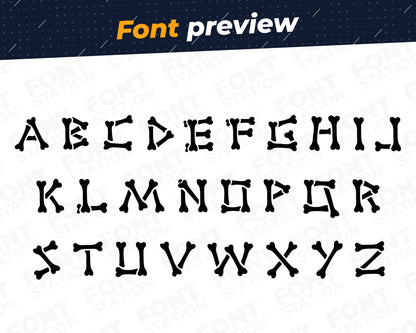 Image showing all characters available in the Bones font created by FontStation.