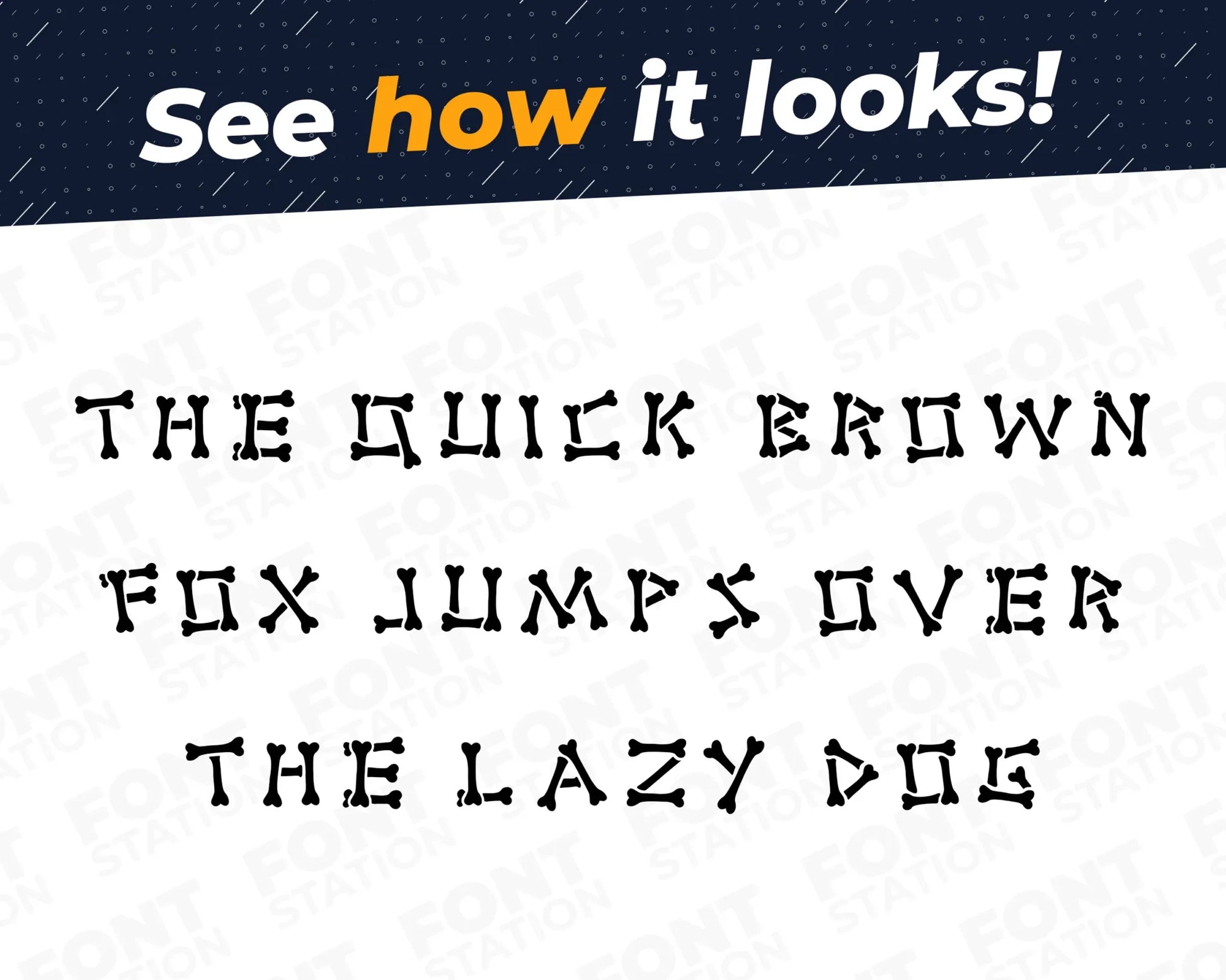 A complete showcase image of the Bones font, featuring the text 'The quick brown fox jumps over the lazy dog' to display every letter of the alphabet.