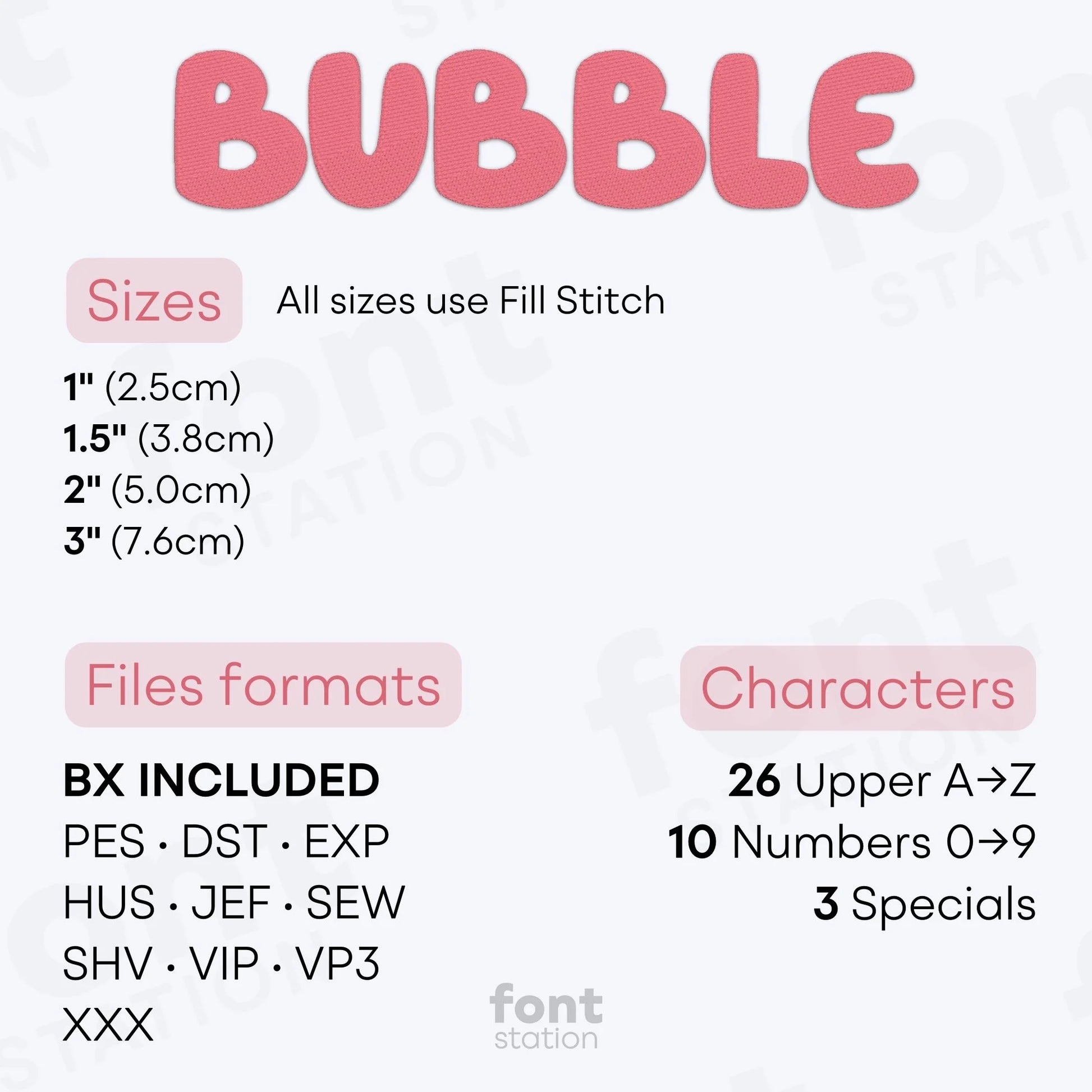 Image showing the different files formats, sizes, stitch type and available characters of the Bubble Embroidery Font by FontStation