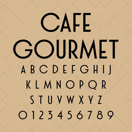 Image showing all characters available in the Cafe Gourmet font created by FontStation.