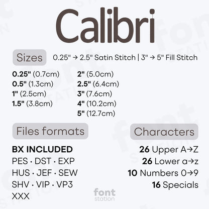 Image showing the different files formats, sizes, stitch type and available characters of the Calibri Embroidery Font by FontStation