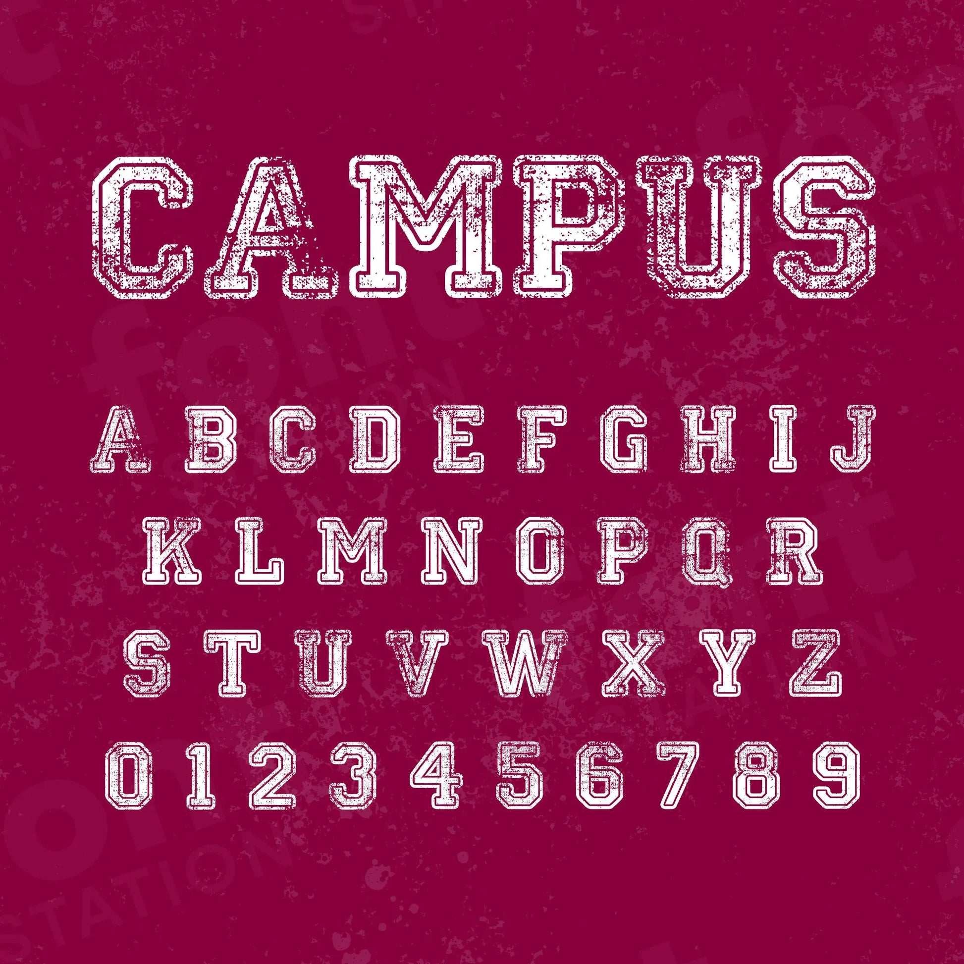 Image showing all characters available in the Campus Distressed font created by FontStation.