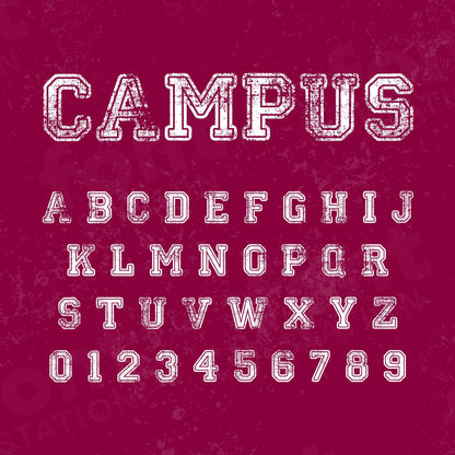 Image showing all characters available in the Campus Distressed font created by FontStation.
