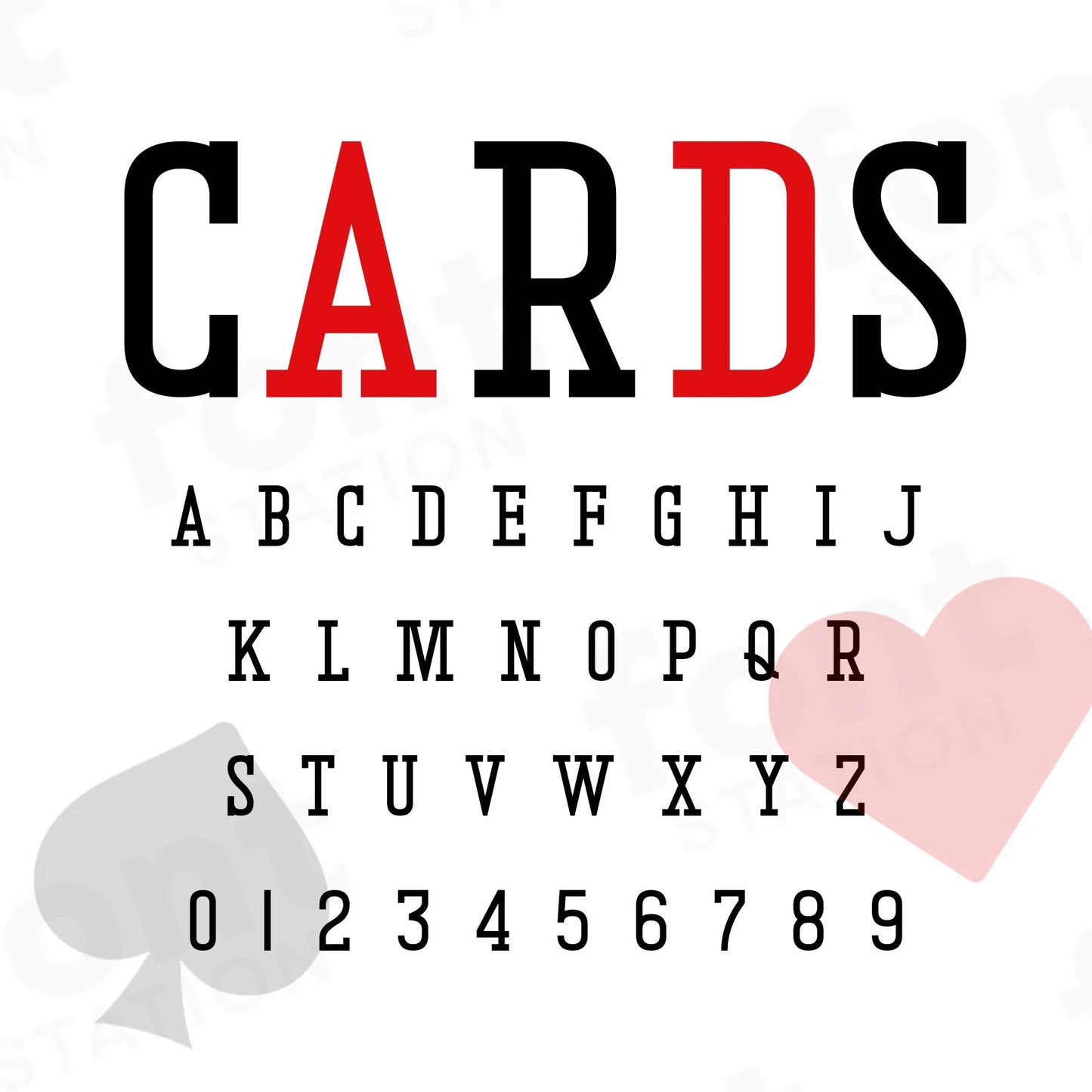 Image showing all characters available in the Cards font created by FontStation.