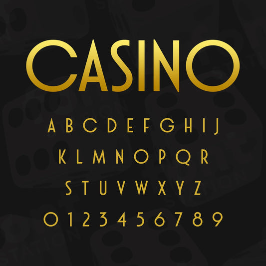 Image showing all characters available in the Casino VIP font created by FontStation.