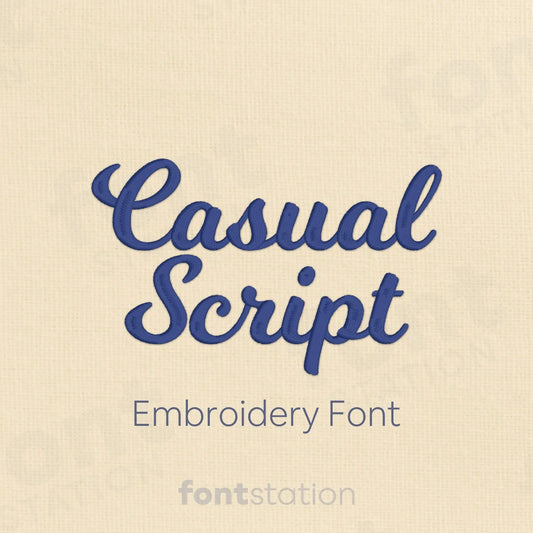 Embroidered Text 'Casual Script Embroidery Font' on a beige background with 'fontstation' branding.