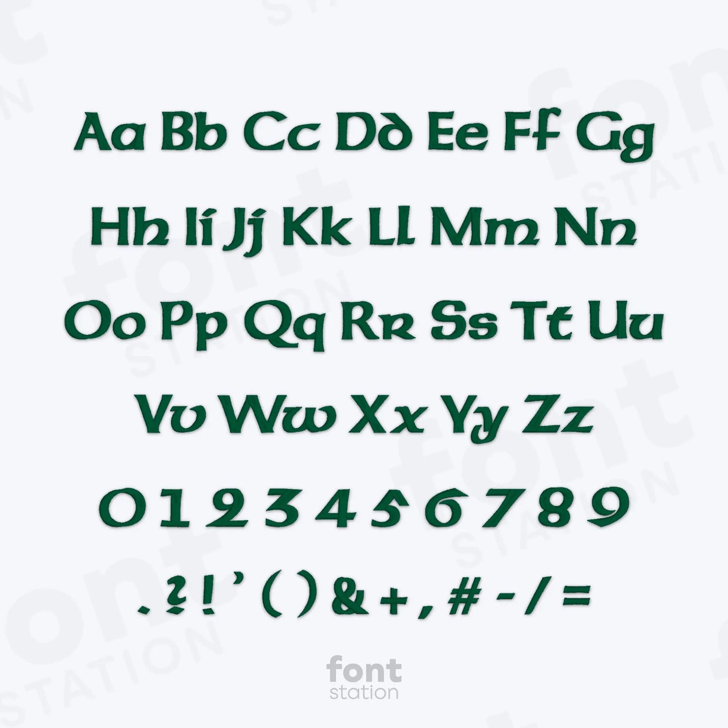 Alphabet, numbers and special characters using the Celtic embroidery font on a white background