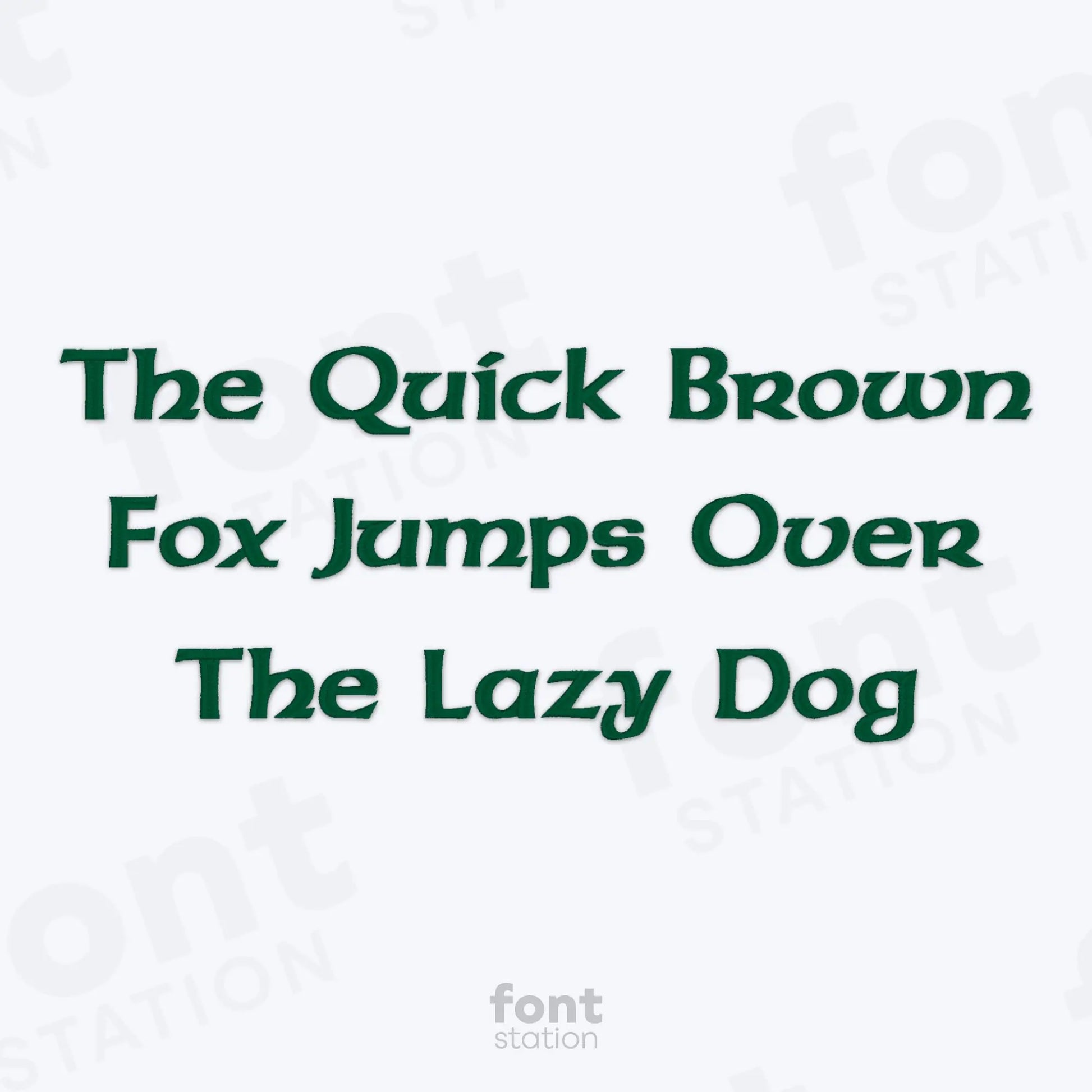 Text 'The Quick Brown Fox Jumps Over The Lazy Dog' using the Celtic embroidery font in green on a white background with 'font station' branding.